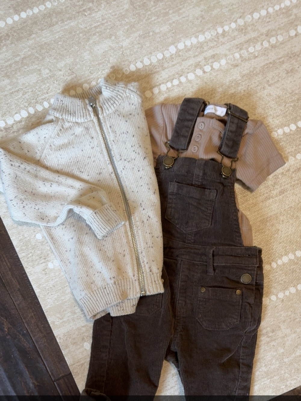 Jamie Kay Brown Corduroy Suspenders with Cream Zip Cardigan